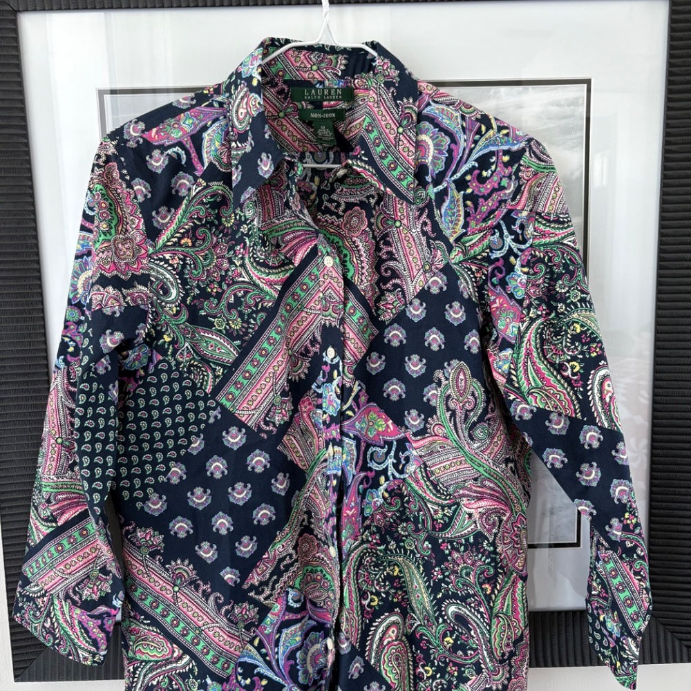 Lauren Ralph Lauren (LRL) Medium Paisley Patchwork Non-Iron Button up Blouse